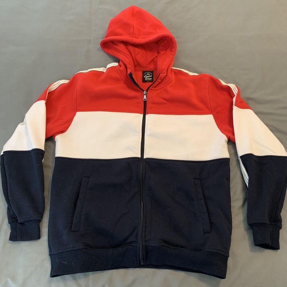 Original Deluxe Hoodie Mens Large Red White Blue‎ Colorblock Full Zip Sweatshirt